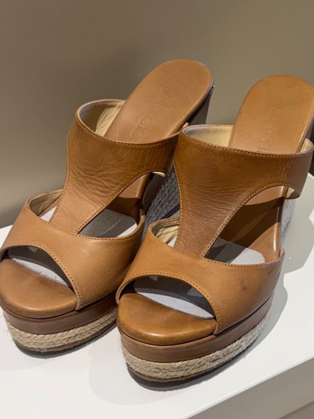 JIMMY CHOO Pavane Tan Leather Wedge Platform Sandal